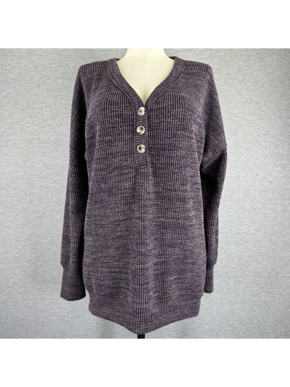 Michelle Mae V Neck Sweater Womens Size XL Purple Faux Buttons Long Sleeve
